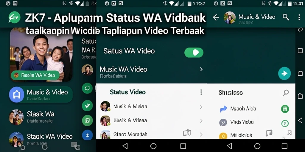 Tampilan antarmuka aplikasi ZK7 untuk Status WA Video yang user-friendly.